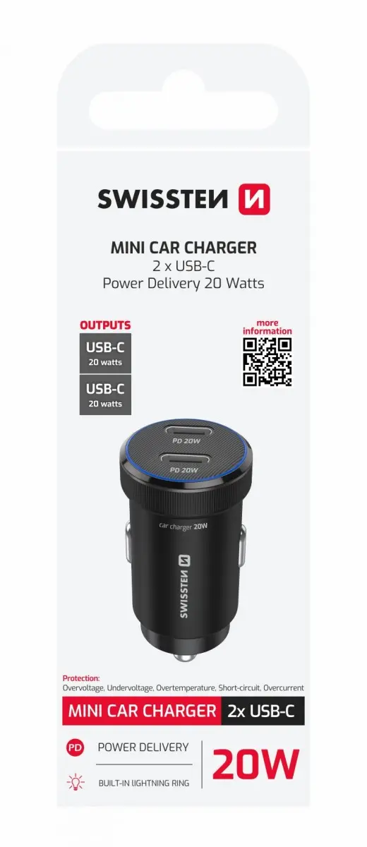 Adaptér do auta Swissten s funkcí rychlonabíjení 2x USB-C 20W černý