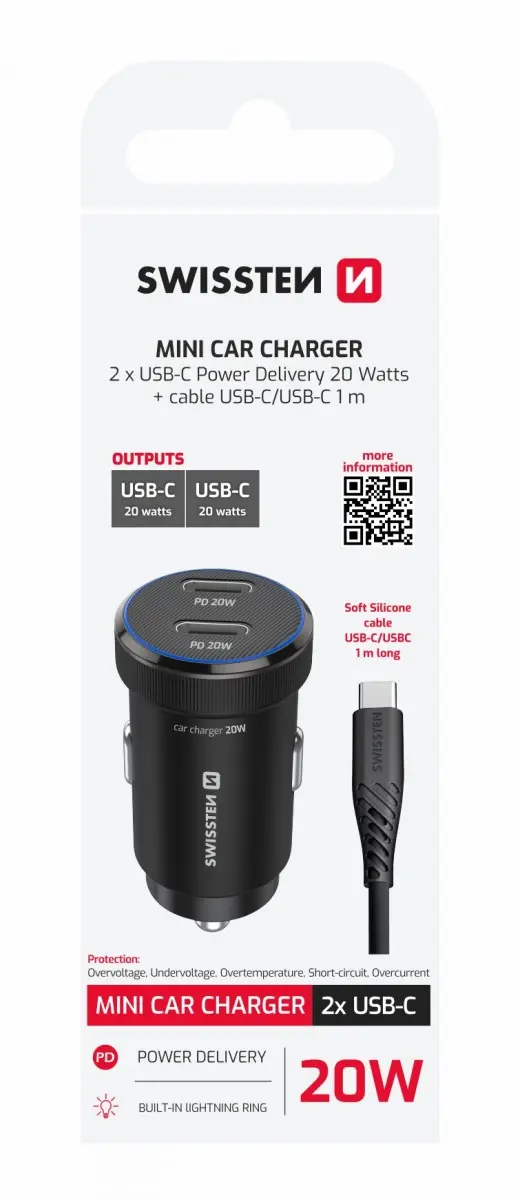 Rychlonabíječka do auta Swissten 2x USB-C PD 20W +  datový kabel USB-C 1 m černá