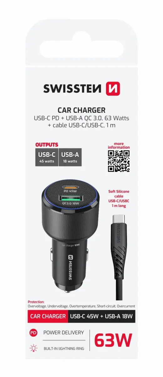 Rychlonabíječka do auta Swissten USB-A, USB-C PD 63W  + datový kabel USB-C 1 m černá