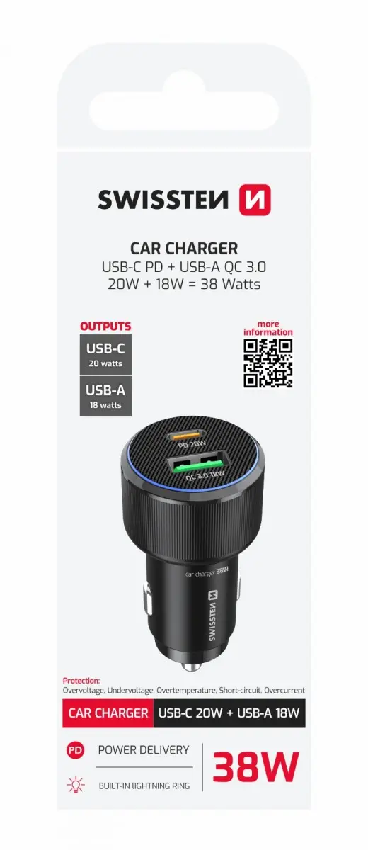 Adaptér do auta Swissten s funkcí rychlonabíjení USB-A, USB-C PD 38W černý