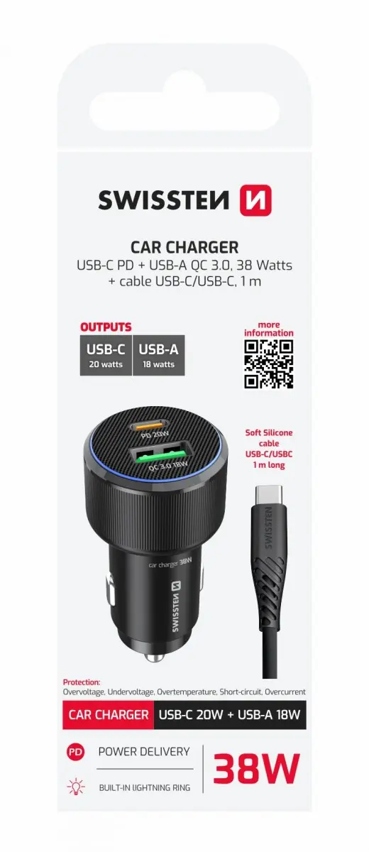 Rychlonabíječka do auta Swissten USB-A, USB-C PD 38W + kabel USB-C 1 m černá
