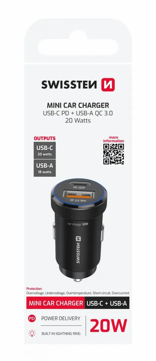 Adaptér do auta Swissten s funkcí rychlonabíjení USB-A,USB-C PD 20W černý