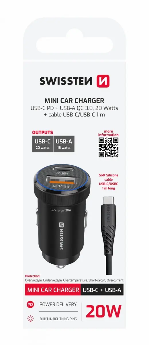 Rychlonabíječka do auta Swissten USB-A,USB-C PD 20W + datový kabel USB-C 1m černá