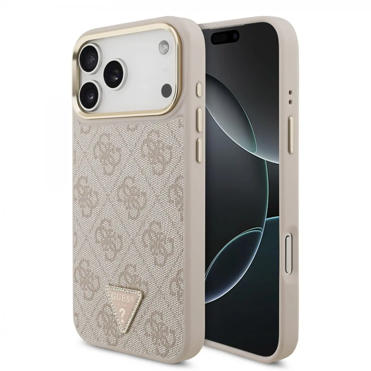 Guess PU Leather 4G Strass Triangle Logo Gold Frame MagSafe Zadní Kryt pro iPhone 17 Pro Max Pink GUHMP17XP4GTDGMP