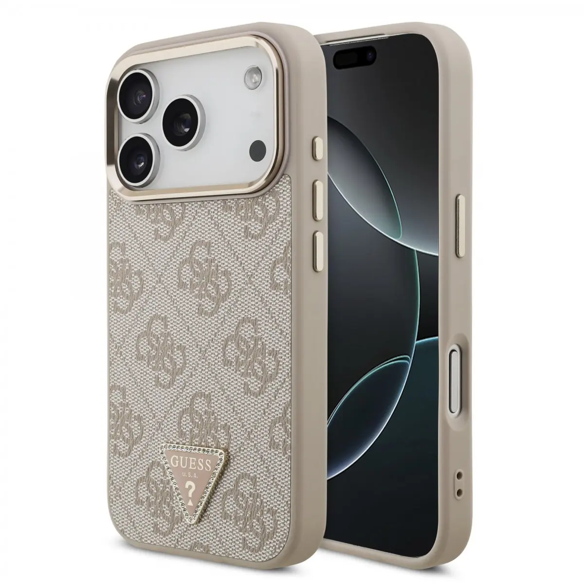 Zadní kryt Guess PU Leather 4G Triangle Logo Gold Frame MagSafe pro iPhone 17 Pro Pink