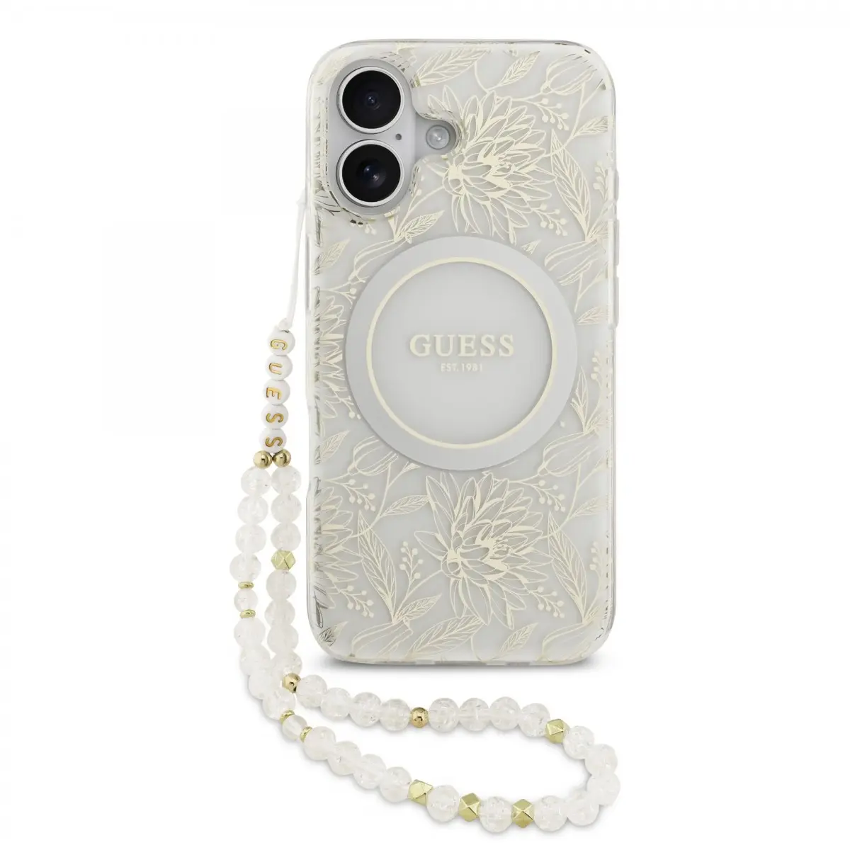 Guess – IML Flowers with Pearl Strap MagSafe obal na iPhone 17 – bílý
