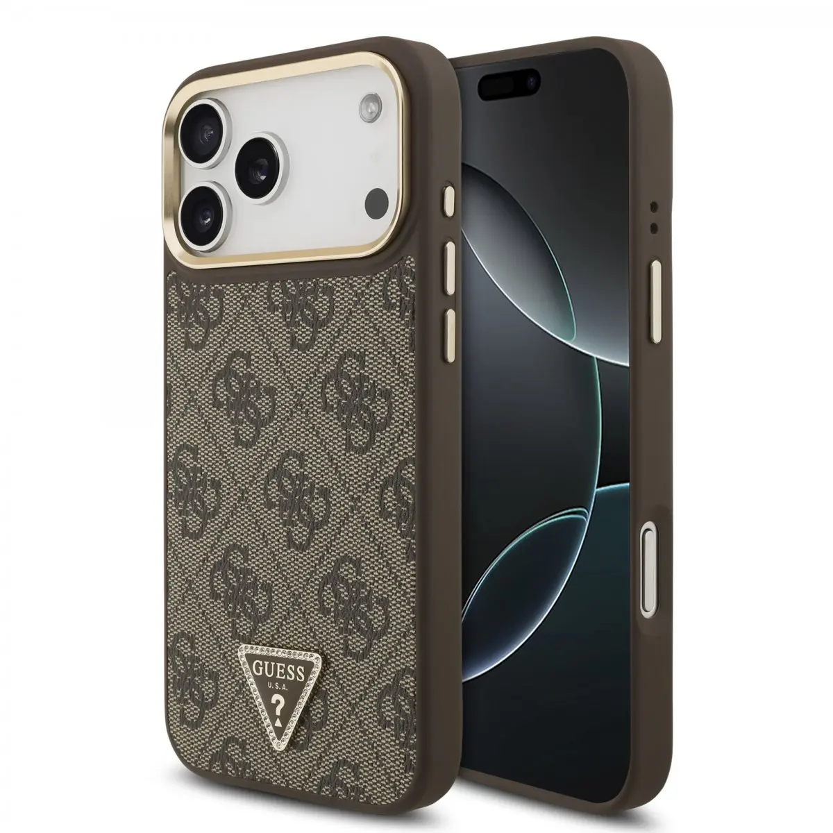 Guess PU Leather 4G Strass Triangle Logo Gold Frame MagSafe Zadní Kryt pro iPhone 17 Pro Max Brown GUHMP17XP4GTDGMW