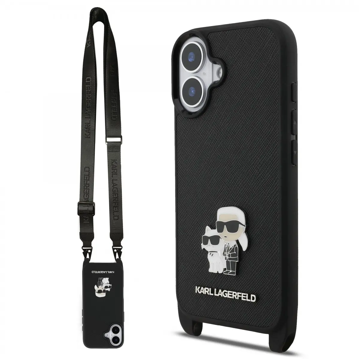 Zadní kryt Karl Lagerfeld Saffiano Crossbody Popruh Metal Karl and Choupette pro iPhone 17 Black