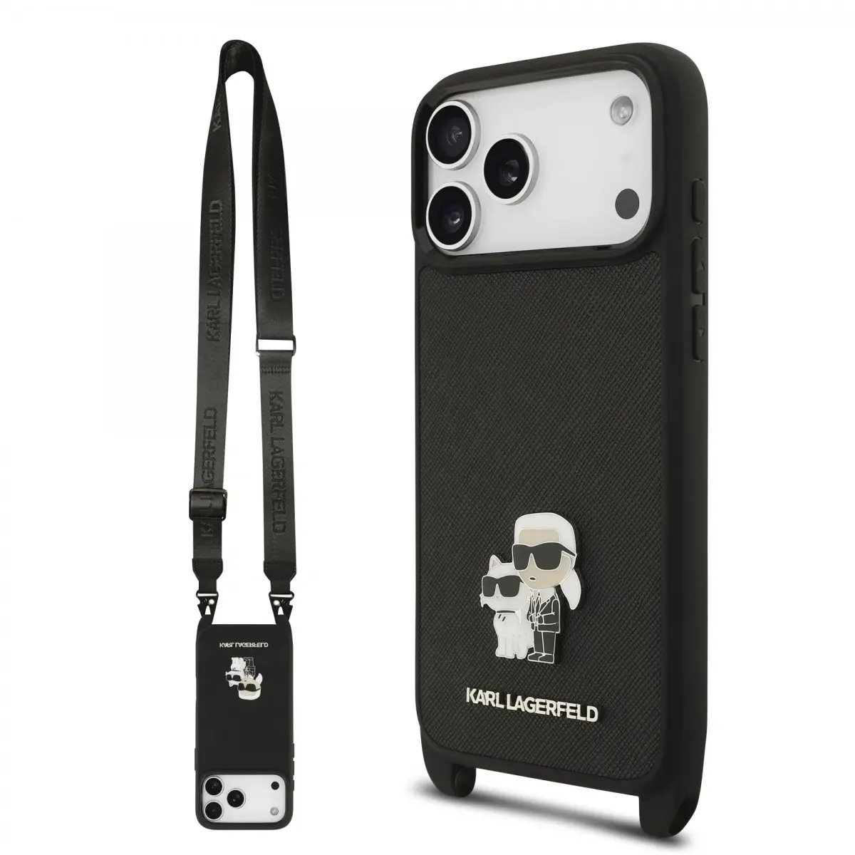 Zadní kryt Karl Lagerfeld Saffiano Crossbody Popruh Metal Karl and Choupette pro iPhone 17 Pro Black