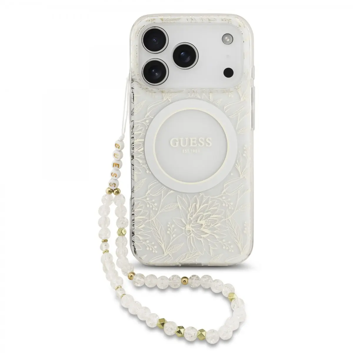 Zadní kryt Guess IML Flowers Allover Strap MagSafe pro iPhone 17 Pro White