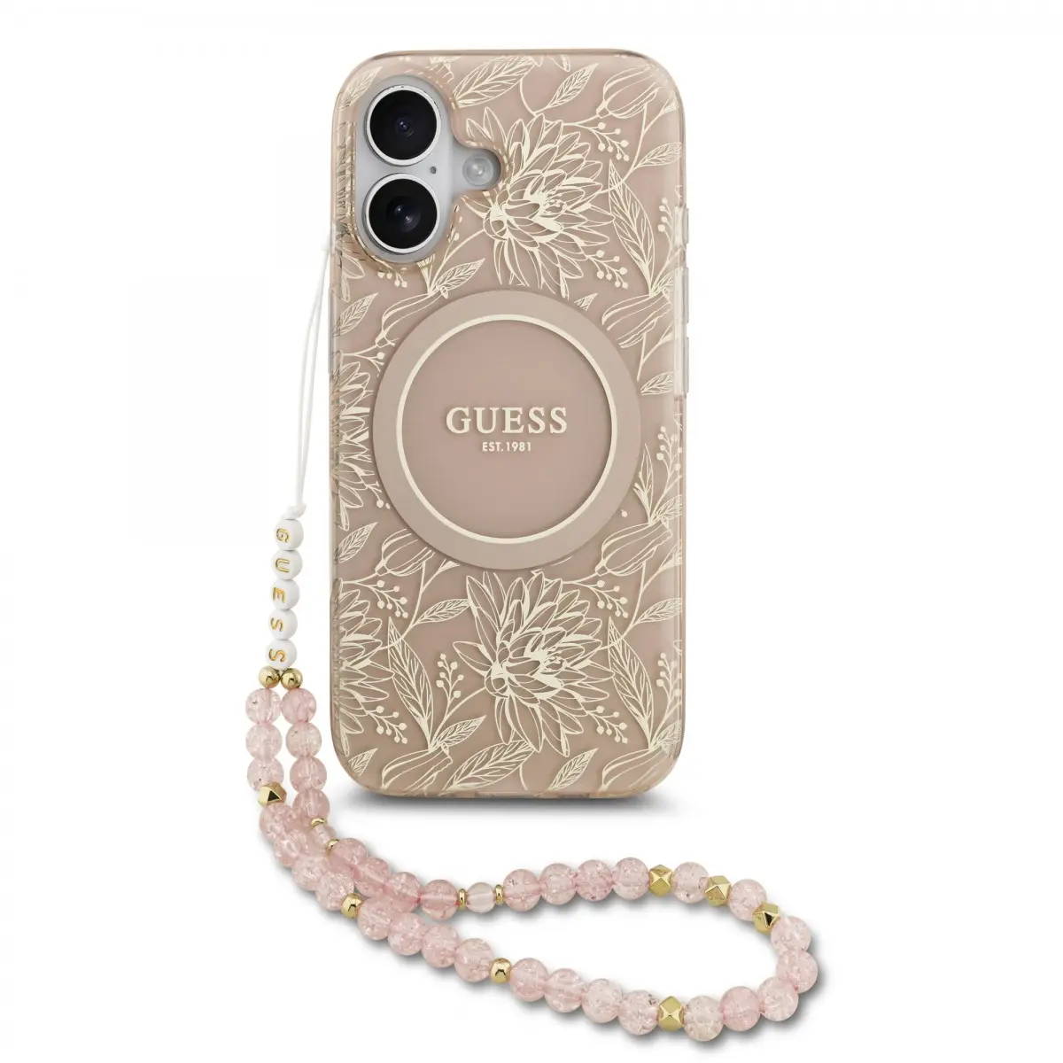 Zadní kryt Guess IML Flowers Allover Strap MagSafe pro iPhone 17 Pink