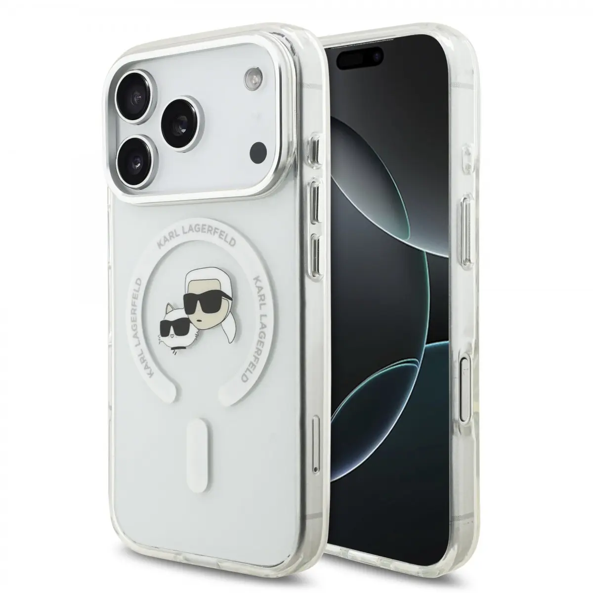 Zadní kryt Karl Lagerfeld IML K&amp;CH Heads Metal Frame MagSafe pro iPhone 17 Pro Transparent