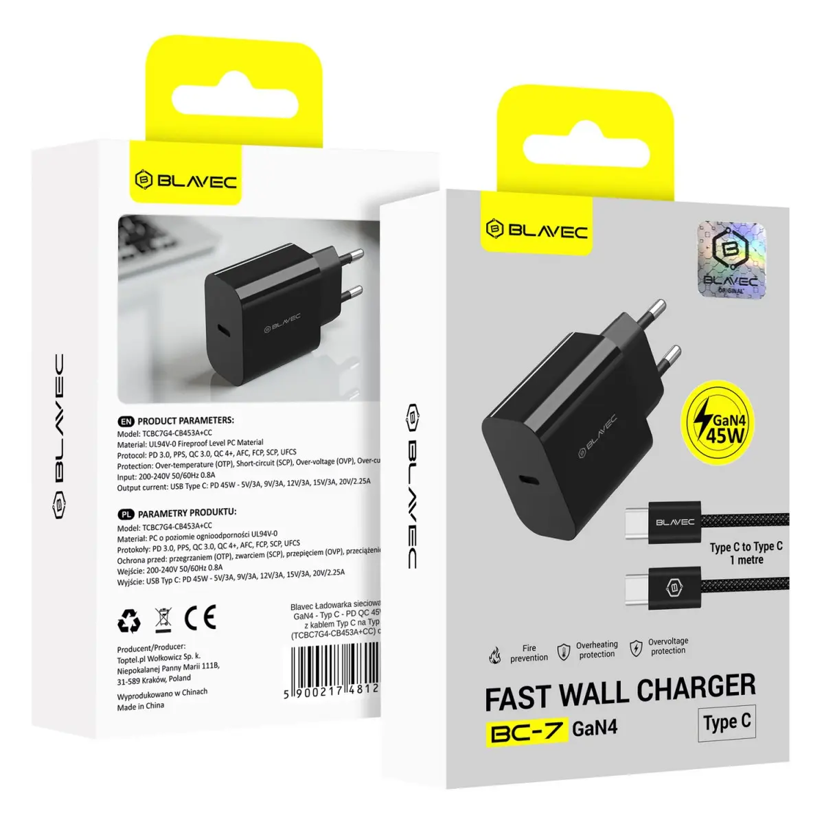 Rychlonabíječka Blavec BC-7 GaN4 s datovým kabelem USB-C 45W (TCBC7G4-CB453A+CC) černá