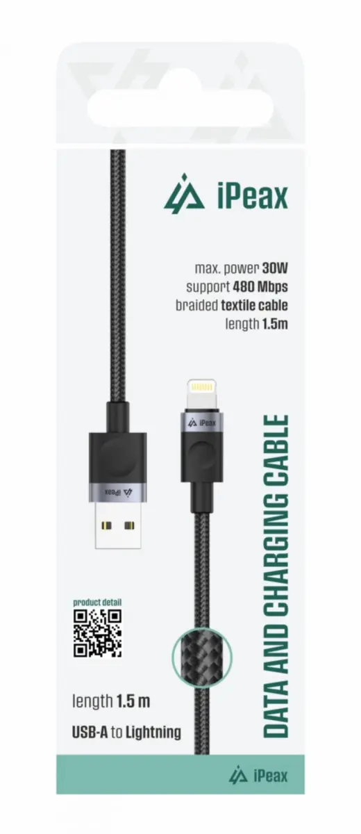 Textilní kabel iPeax USB-A - Lightning 1,5m, USB 2.0 černý