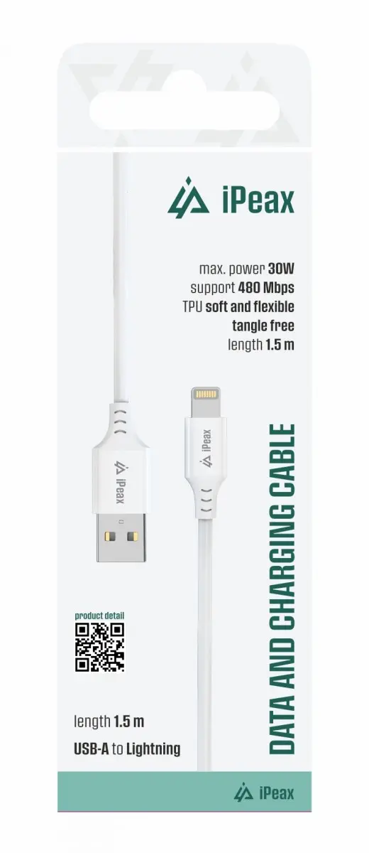 TPU kabel iPeax USB-A - Lightning 1,5m, USB 2.0 bílý