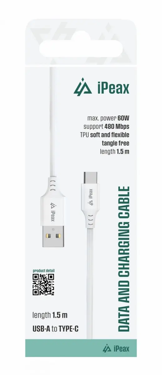 TPU kabel iPeax USB-A - USB-C 1,5m, USB 2.0 bílý