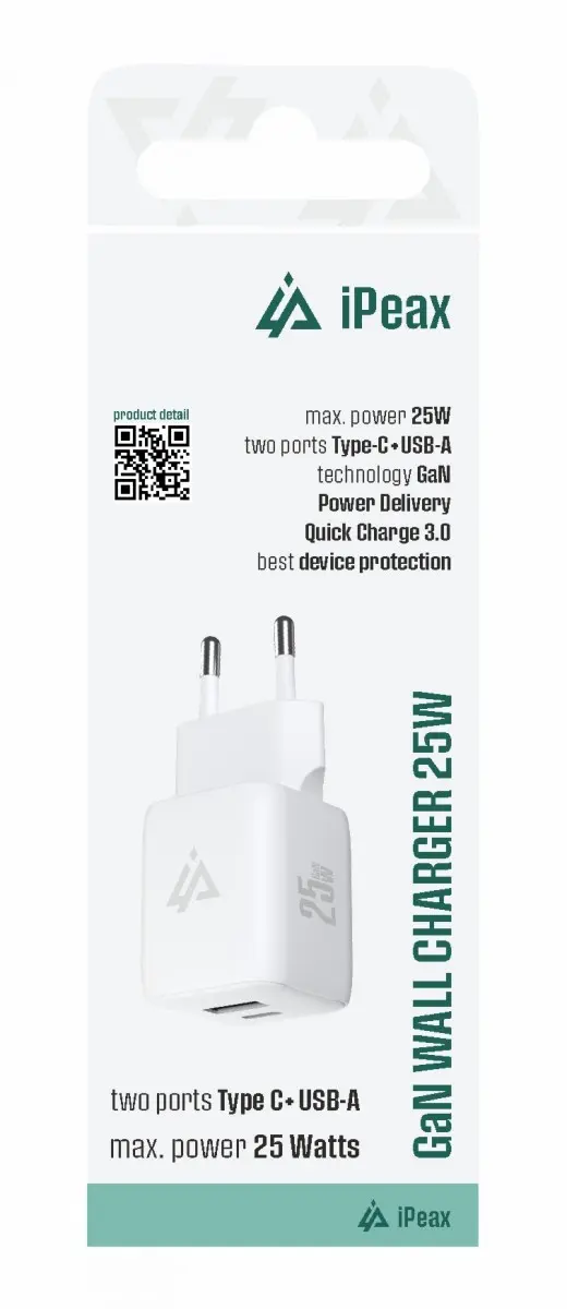Adaptér iPeax GaN s funkcí rychlonabíjení 25W (USB-C + USB-A) bílý