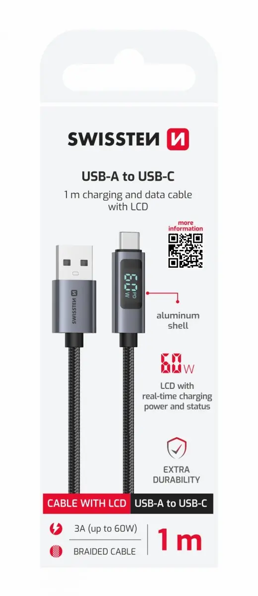 Datový kabel Swissten LCD USB-A - USB-C 1 m