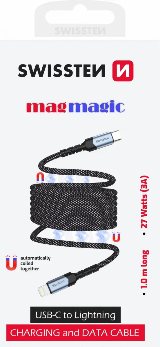 Magnetický datový kabel Swissten samonavíjecí USB-C - Lightning 1 m