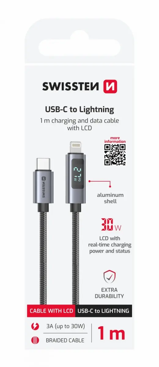 Datový kabel Swissten LCD USB-C - Lightning 1 m