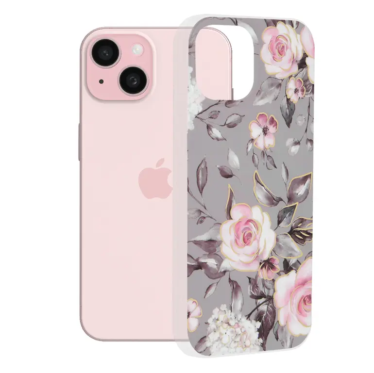 Techsuit Mramorová série iPhone 15 Květ Ruth šedá