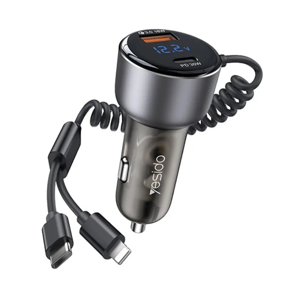 Yesido Y58 Nabíječka do auta USB Type-C kabely Lightning Type-C 60W Šedá