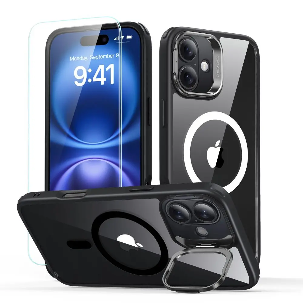 ESR Classic Hybrid HaloLock Kickstand + Tvrzené sklo iPhone 16 černá průhledná