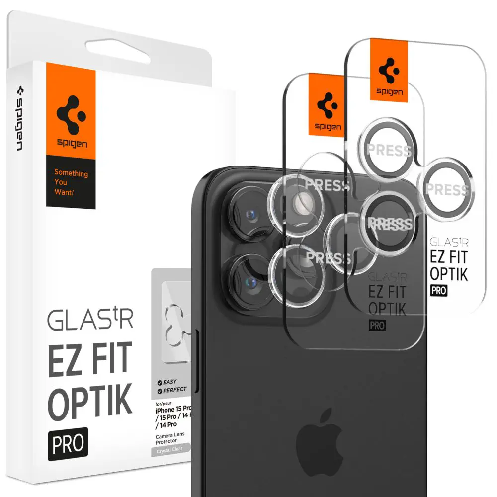 Spigen Optik.tR EZ Fit Pro Camera Glass (2 ks) (ochranné sklo kamery) pro iPhone 14 Pro/Pro Max/15 Pro/Pro Max/16 Pro/Pro Max – čiré