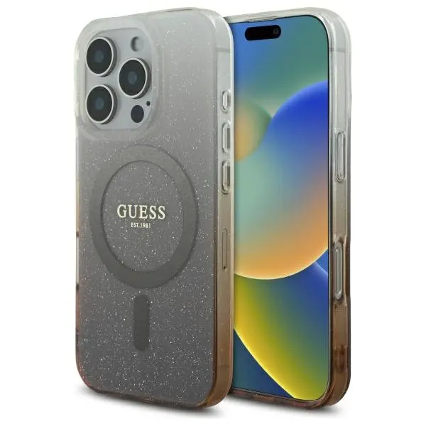 Guess IML třpytivý přechodový kryt s MagSafe na iPhone 16 Pro (GUHMP16LHGRCELW) - hnědý