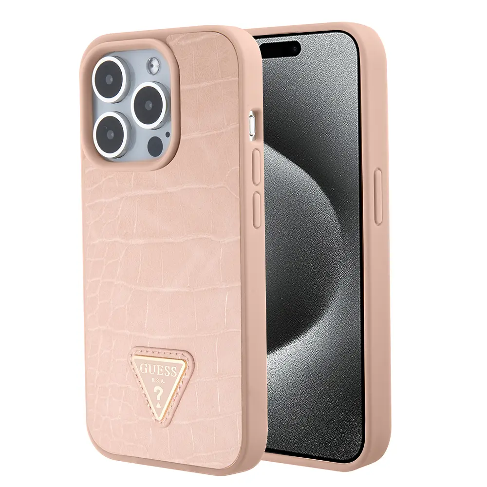 Guess Croco Triangle Metal Logo pouzdro iPhone 15 Pro Max růžová