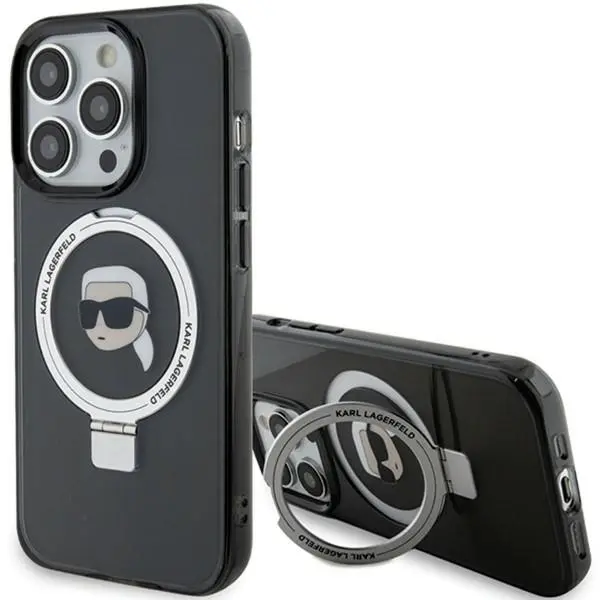Karl Lagerfeld Hardcase Ring Stand MagSafe iPhone 15 Pro Karl Head černá