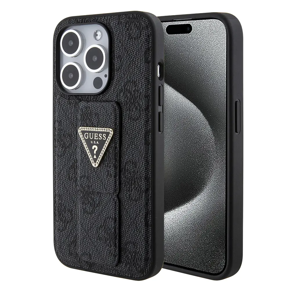 Guess Grip Stand 4G Triangle Strass iPhone 15 Pro Černá