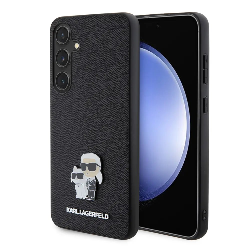 Karl Lagerfeld Saffiano pouzdro růžové pro Samsung Galaxy S24 Plus Karl&amp;Choupette Metal Pin