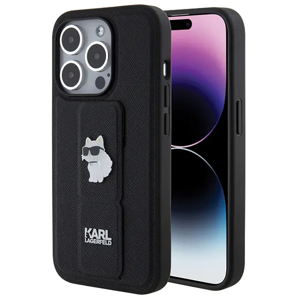 Karl Lagerfeld Saffiano Gripstand iPhone 14 Pro Choupette růžová