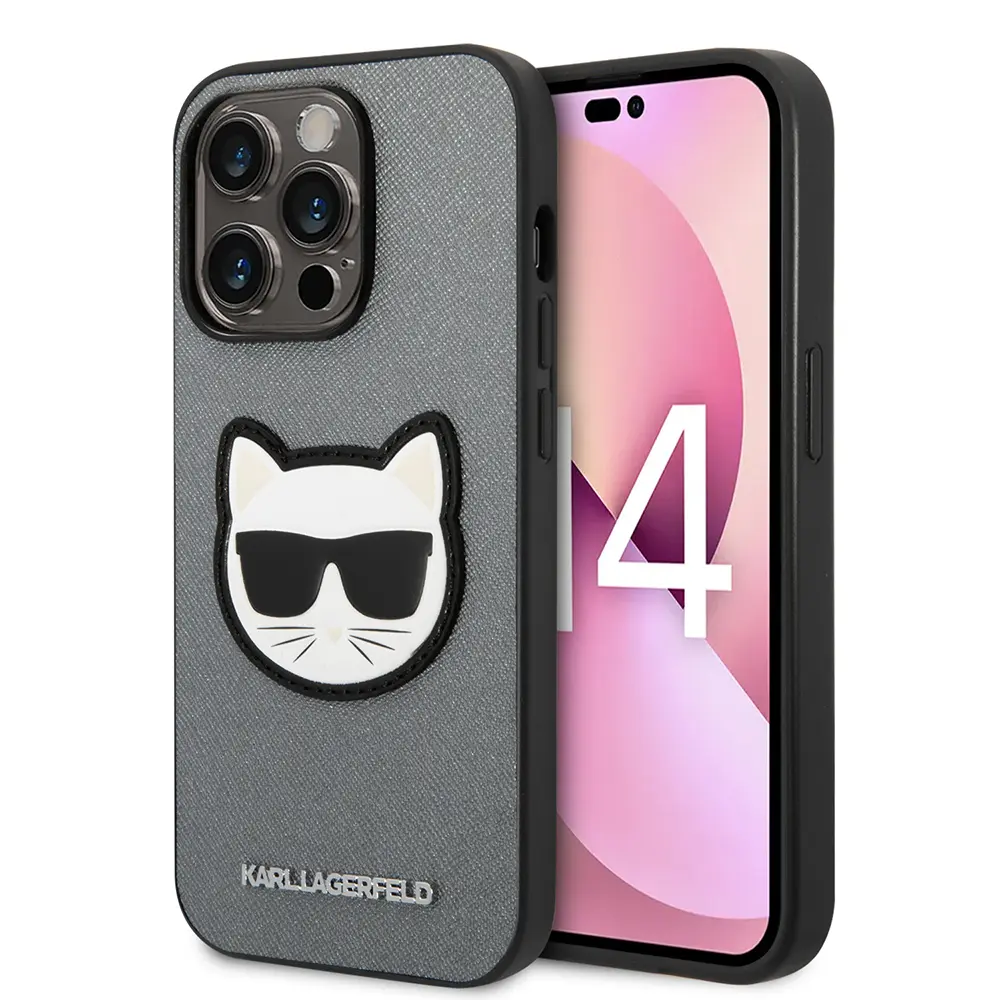 Karl Lagerfeld Saffiano pouzdro iPhone 14 Pro stříbrné Choupette Head
