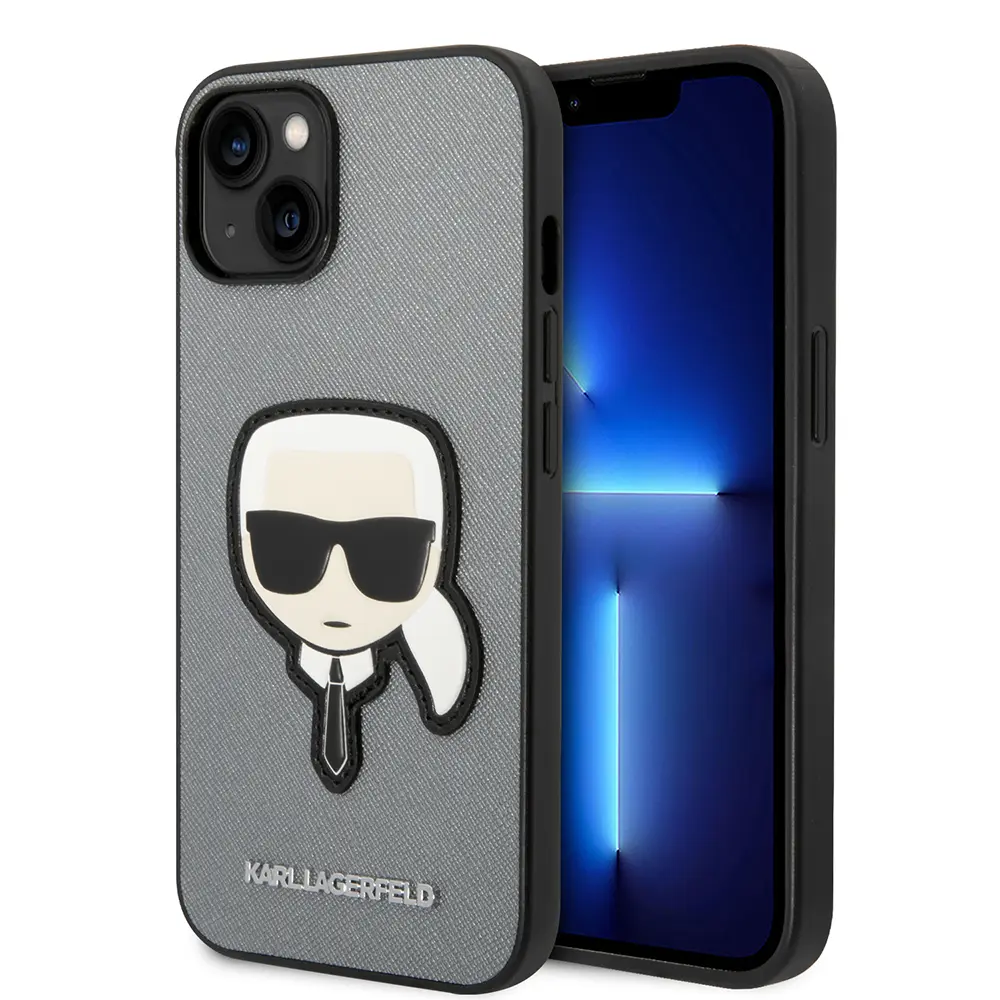 Karl Lagerfeld Saffiano pouzdro iPhone 14 Plus stříbrné Karlova hlava