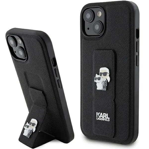 Karl Lagerfeld Saffiano Gripstand iPhone 15 Plus Karl&amp;Choupette Pins růžová