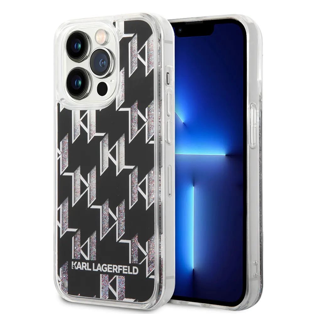 Karl Lagerfeld Hardcase Liquid Glitter iPhone 14 Pro Monogram stříbrná