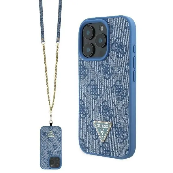 Guess Leather Metal Logo Strass Crossbody GUHCP16SP4TDSCPB iPhone 16 modrá