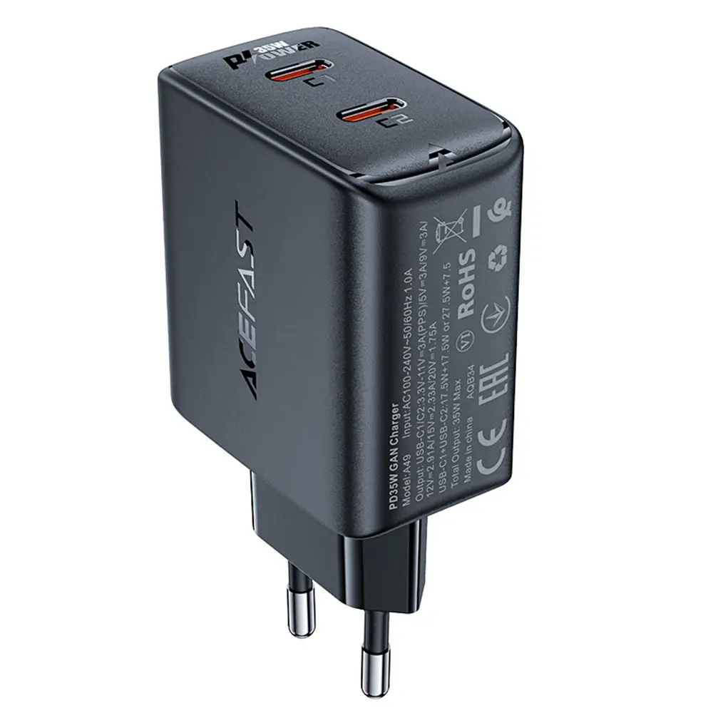 Acefast Wall Charger A49 2x Type-C univerzální nabíječka GaN PD35W černá