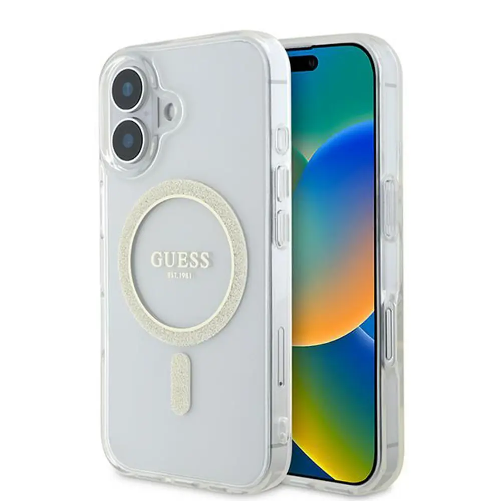 Guess IML Glitter Ring MagSafe kryt pro iPhone 16 čirý