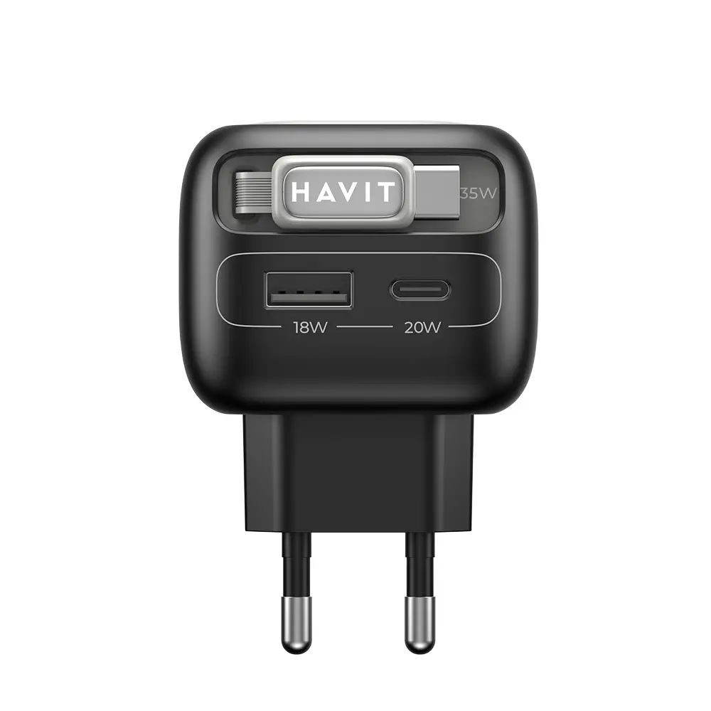 Nabíječka Havit UC251 EU s výsuvným kabelem Type-C USB GaN 35W černá šedá
