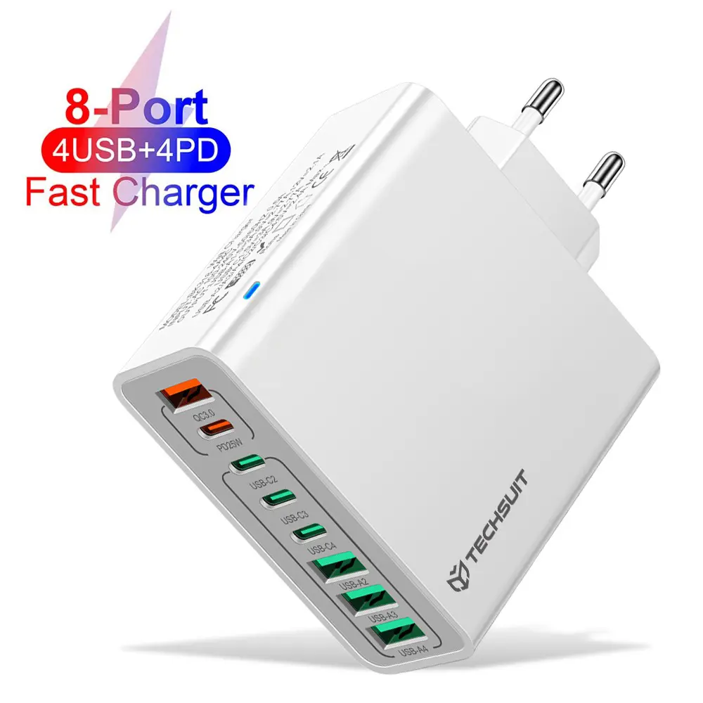 Techsuit CHPD224 síťová nabíječka – 4× USB + 4× USB-C, rychlonabíjení, 65W – bílá