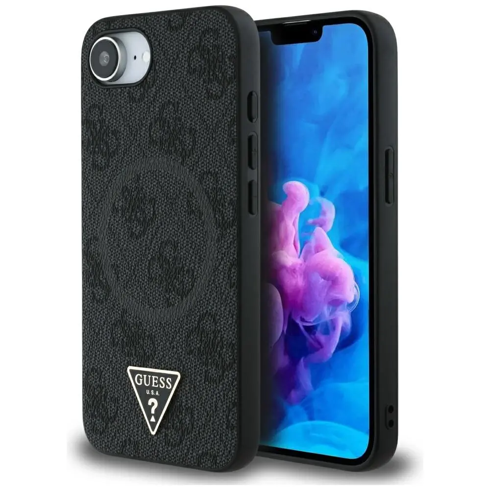 Guess PU 4G Strass Triangle Metal Logo MagSafe Zadní Kryt pro iPhone 16e/17e Black GUHMPSE4P4TDPK