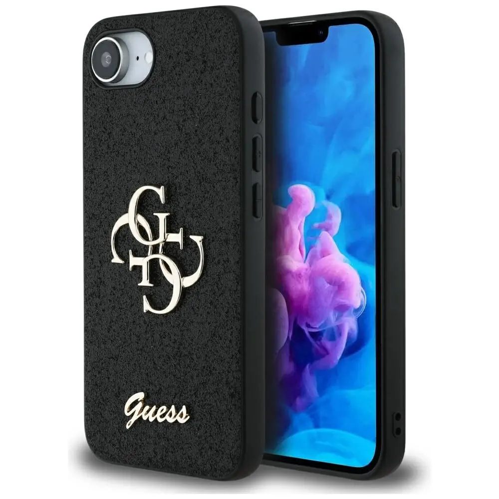 Zadní kryt Guess PU Fixed Glitter 4G Metal Logo pro iPhone 16e Black