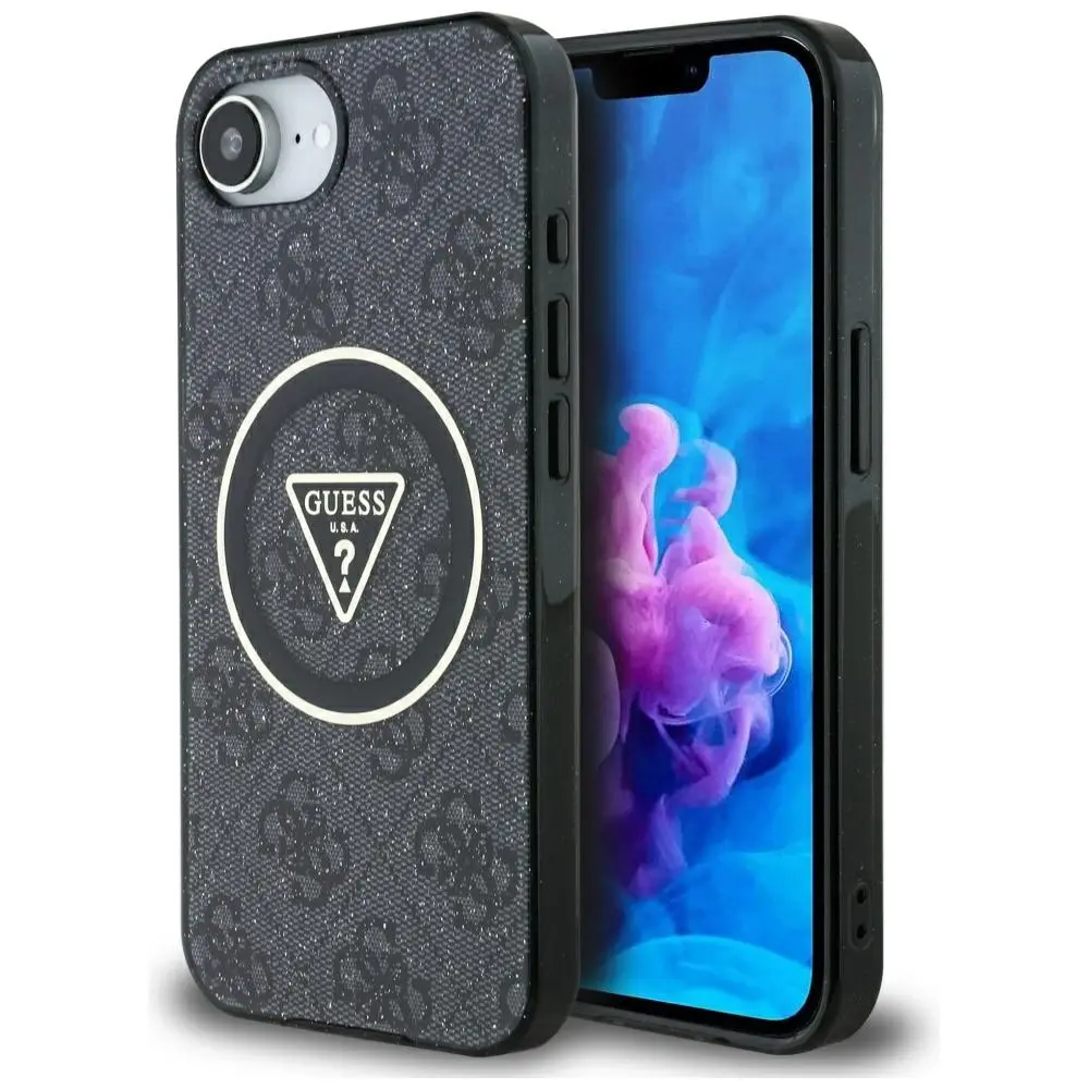 Guess IML Metal Glitter 4G Circle Triangle MagSafe iPhone 16e černá