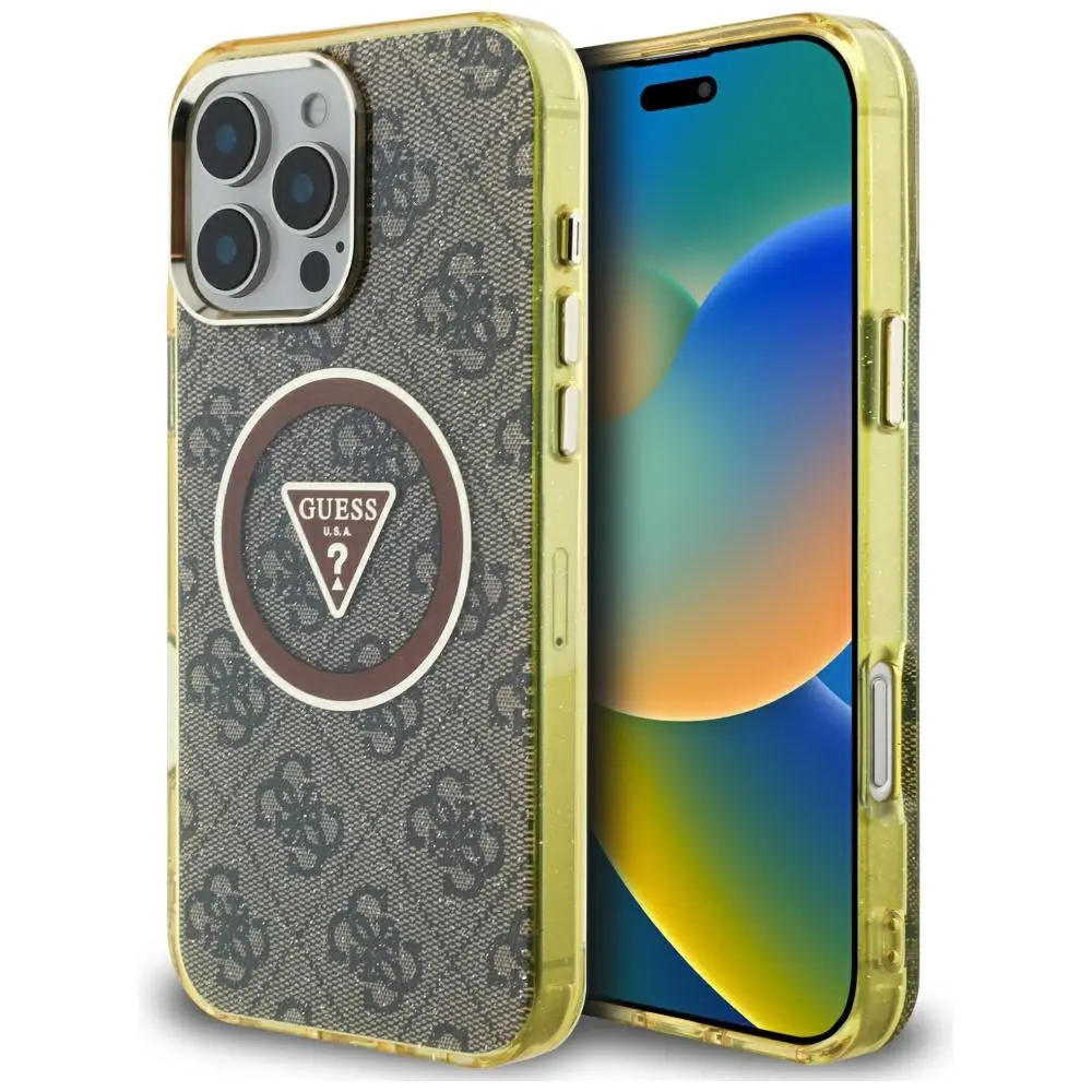 Guess IML 4G Glitter and Triangle Logo MagSafe kryt iPhone 16 Pro hnědý
