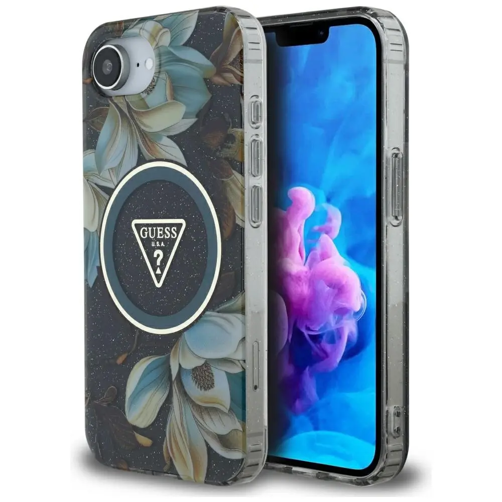 Zadní kryt GUESS IML Metal Glitter Flowers Triangle MagSafe pro iPhone 16e black