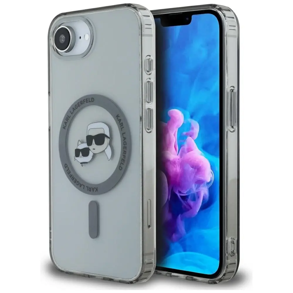 Karl Lagerfeld IML MagSafe iPhone 16e Metal Karl&amp;Choupette Head stříbrná