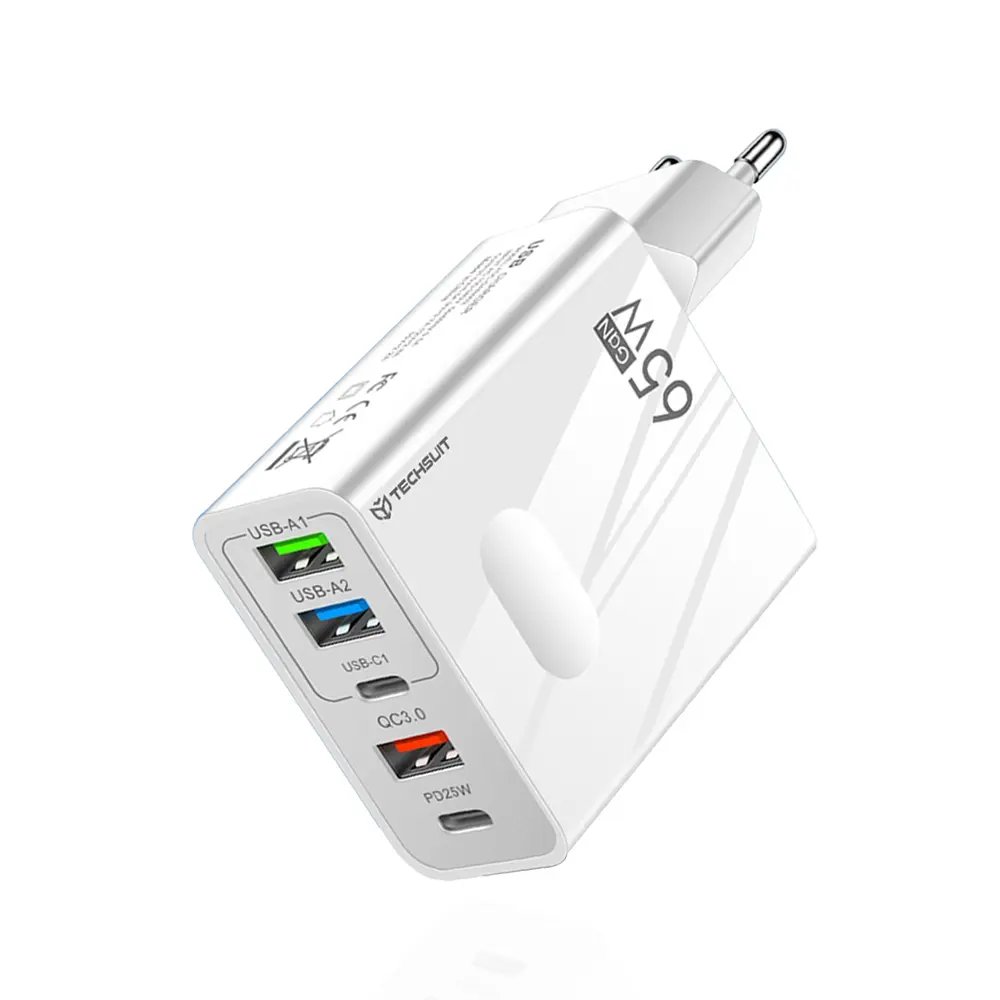 Techsuit Premium Wall Charger PentaXPower CHC1 3x USB 2x Type-C PD 25W 65W GaN Rychlé nabíjení Bílá